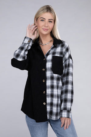 Plaid Flap Drop Shoulder Shacket