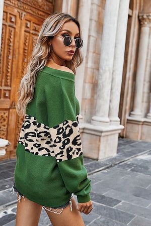 V neck leopard color block sweater