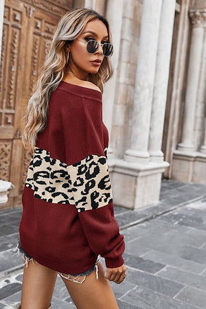 V neck leopard color block sweater