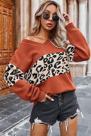 V neck leopard color block sweater